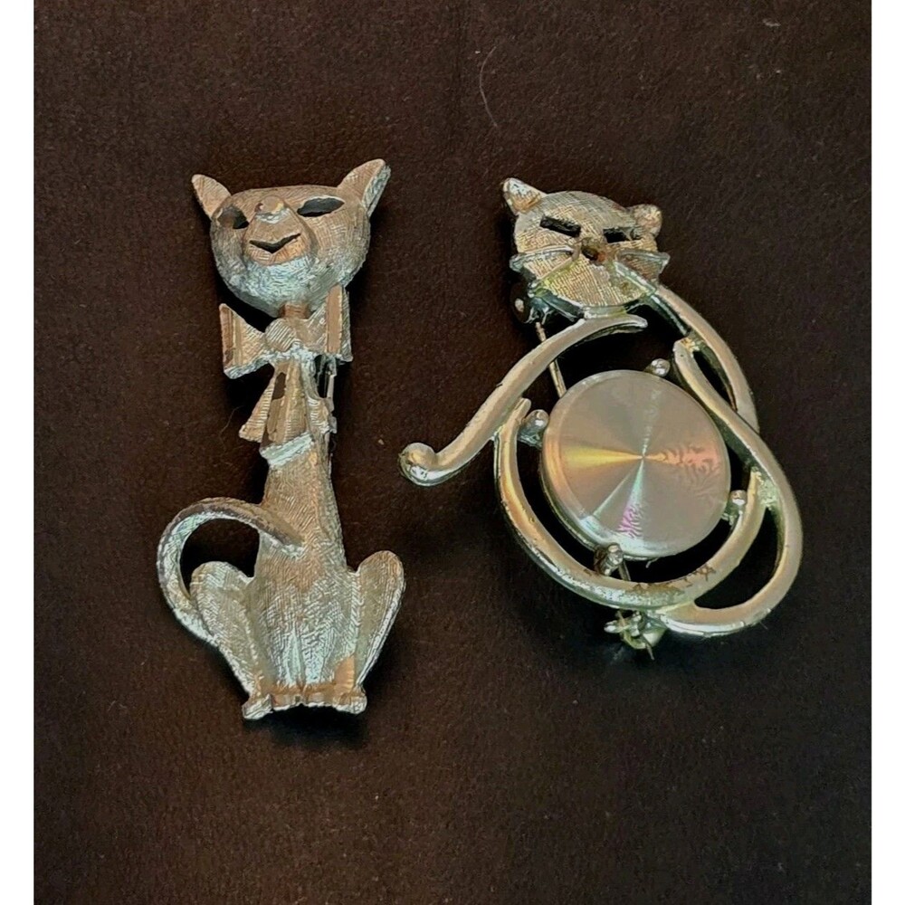 Vintage Cat Brooch Lot Silver Tone Figural Pins Mid Century Style Holographic